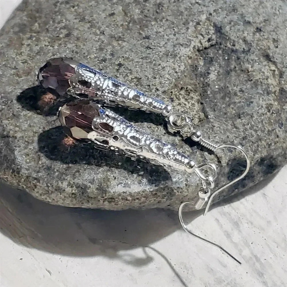Handcrafted Caged Filigree Faceted Purple Crystal Silver Teardrop Earrings - Picture 3 of 8